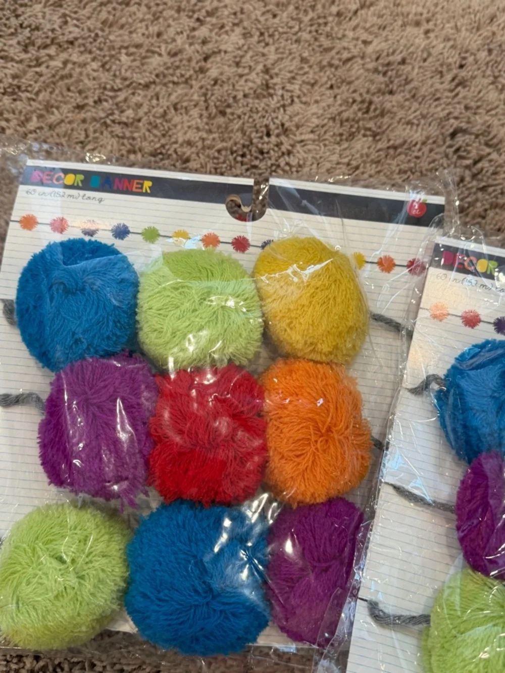 New set of 6 strands of multi color rainbow pom pom garland decoration party